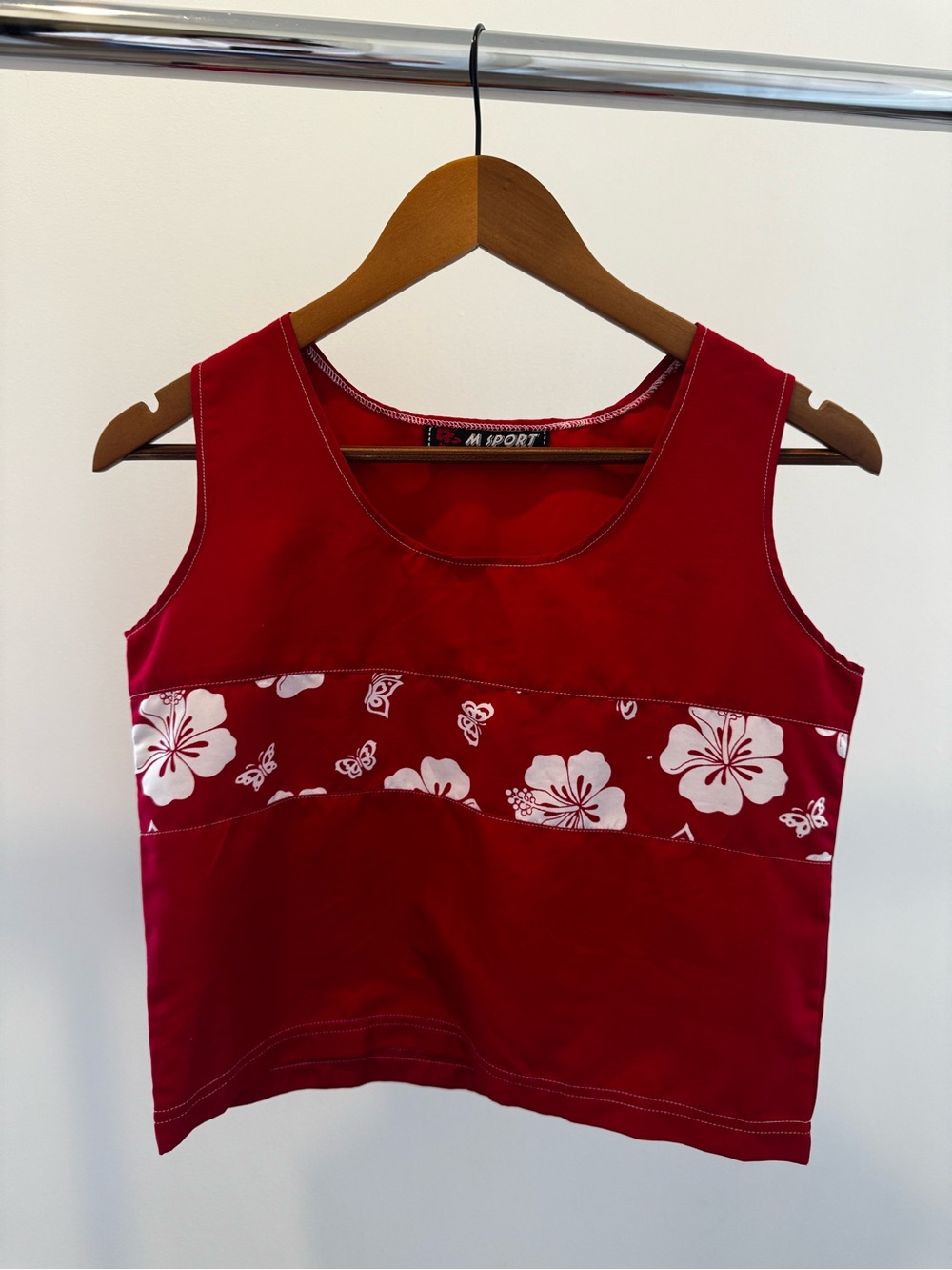 90s/Y2K Red Tank Top with White Tropical Floral Band